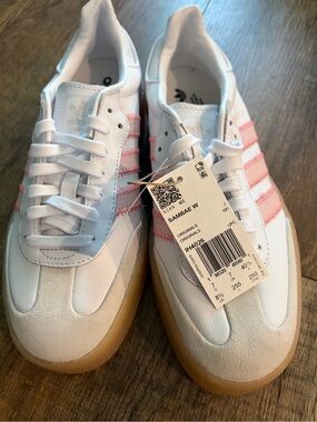 adidas White Sneakers with Pink Stripes and Gum Sole